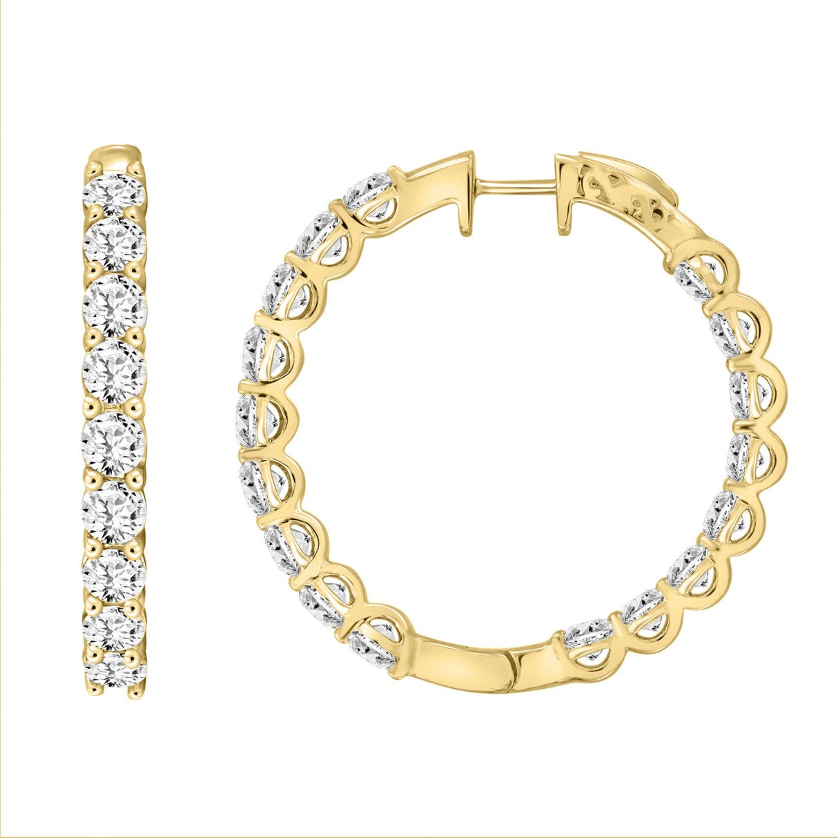 LADIES HOOP EARRINGS 7CT ROUND DIAMOND 14K YELLOW GOLD