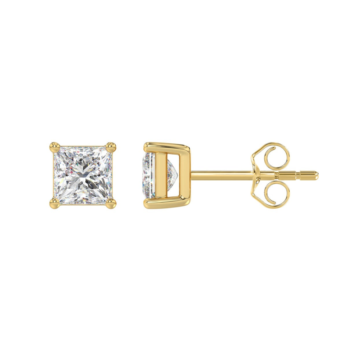 LADIES SOLITAIRE EARRINGS 2CT PRINCESS DIAMOND 14K YELLOW GOLD