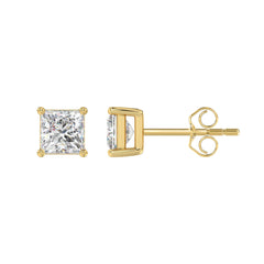 LADIES SOLITAIRE EARRINGS 2CT PRINCESS DIAMOND 14K YELLOW GOLD