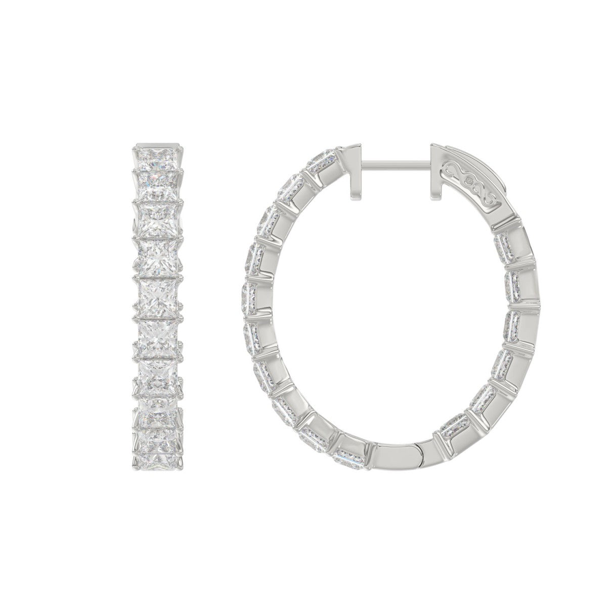 LADIES HOOP EARRINGS 7CT PRINCESS DIAMOND 14K WHITE GOLD