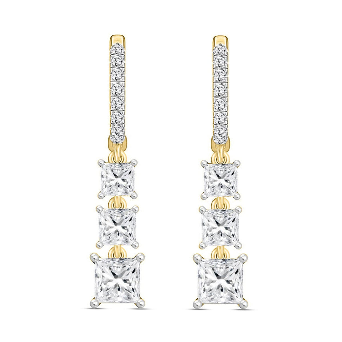 LADIES EARRINGS 2CT ROUND/PRINCESS DIAMOND 14K YELLOW GOLD