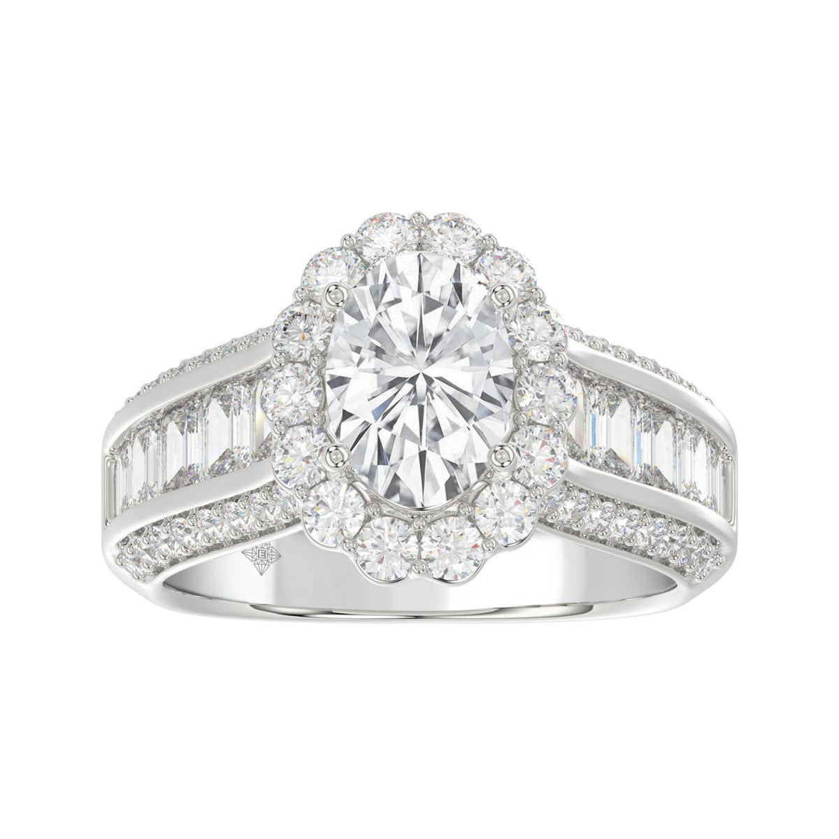 LADIES RING 3 3/4CT ROUND/OVAL/EMERALD DIAMOND 14K WHITE GOLD (CENTER STONE OVAL DIAMOND 1 1/2CT )