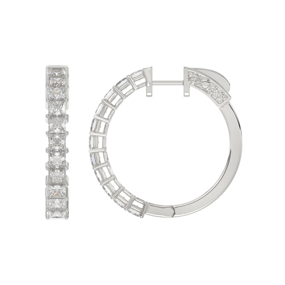 LADIES HOOP EARRINGS 2CT PRINCESS DIAMOND 14K WHITE GOLD