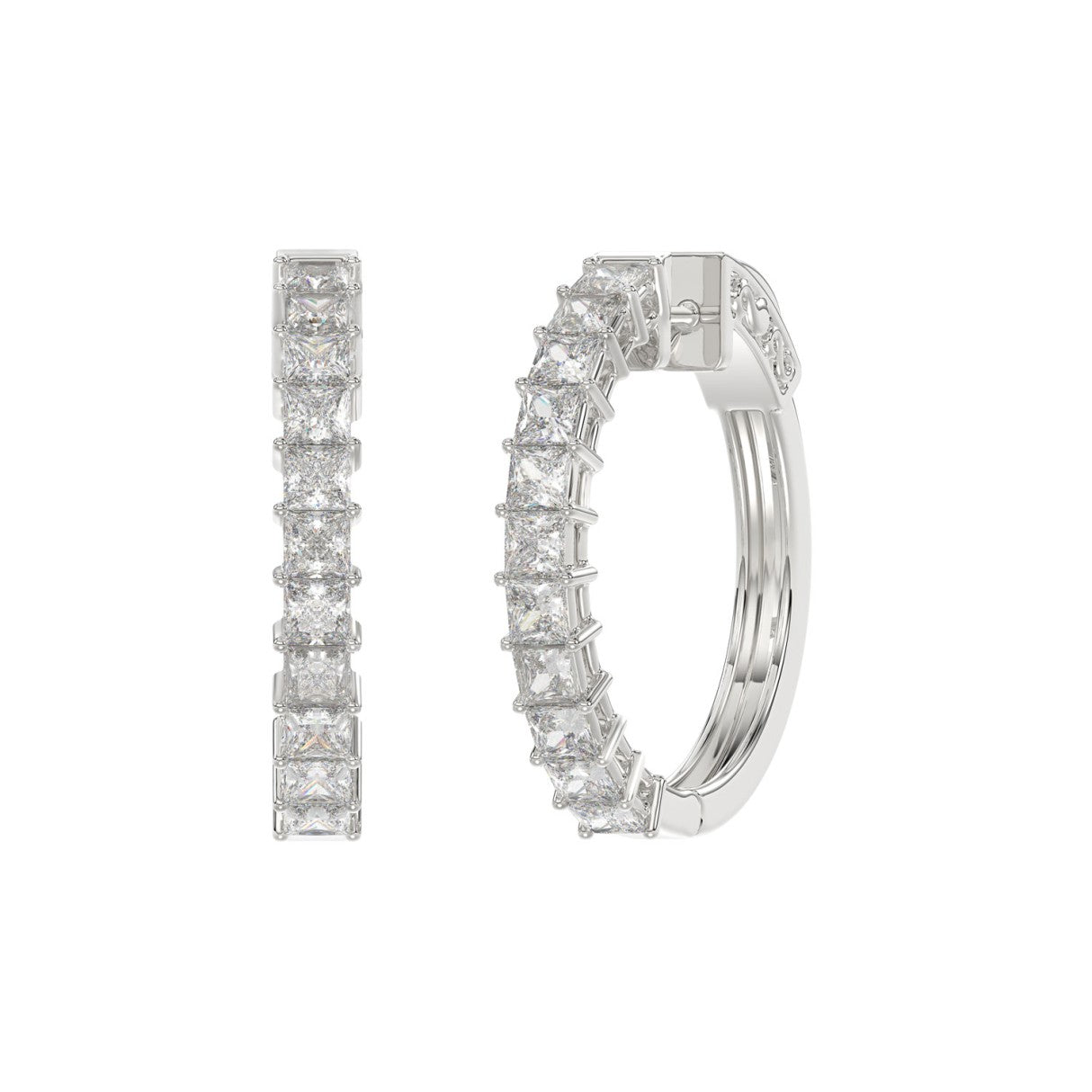 LADIES HOOP EARRINGS 2CT PRINCESS DIAMOND 14K WHITE GOLD