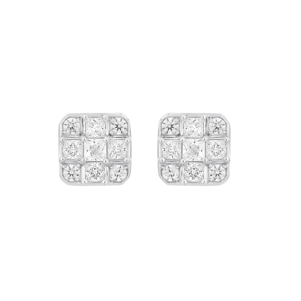 LADIES EARRINGS 1CT ROUND/PRINCESS DIAMOND 14K WHITE GOLD