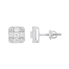 LADIES EARRINGS 1CT ROUND/PRINCESS DIAMOND 14K WHITE GOLD