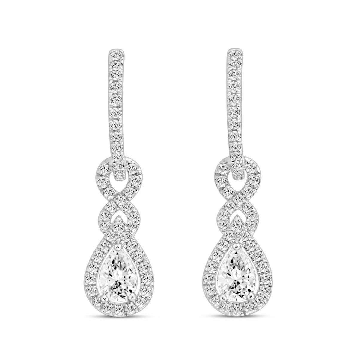 LADIES HOOPS EARRINGS 2.00CT ROUND/PEAR DIAMOND 14K WHITE GOLD