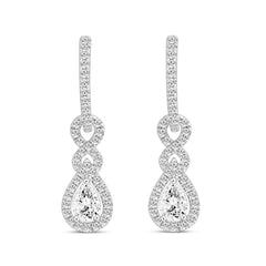 LADIES HOOPS EARRINGS 2.00CT ROUND/PEAR DIAMOND 14K WHITE GOLD