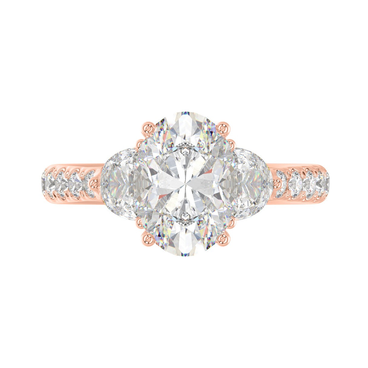 14K ROSE GOLD 3.00CT ROUND/OVAL/HALF MOON DIAMOND LADIES RING (CENTER STONE OVAL DIAMOND 2CT)