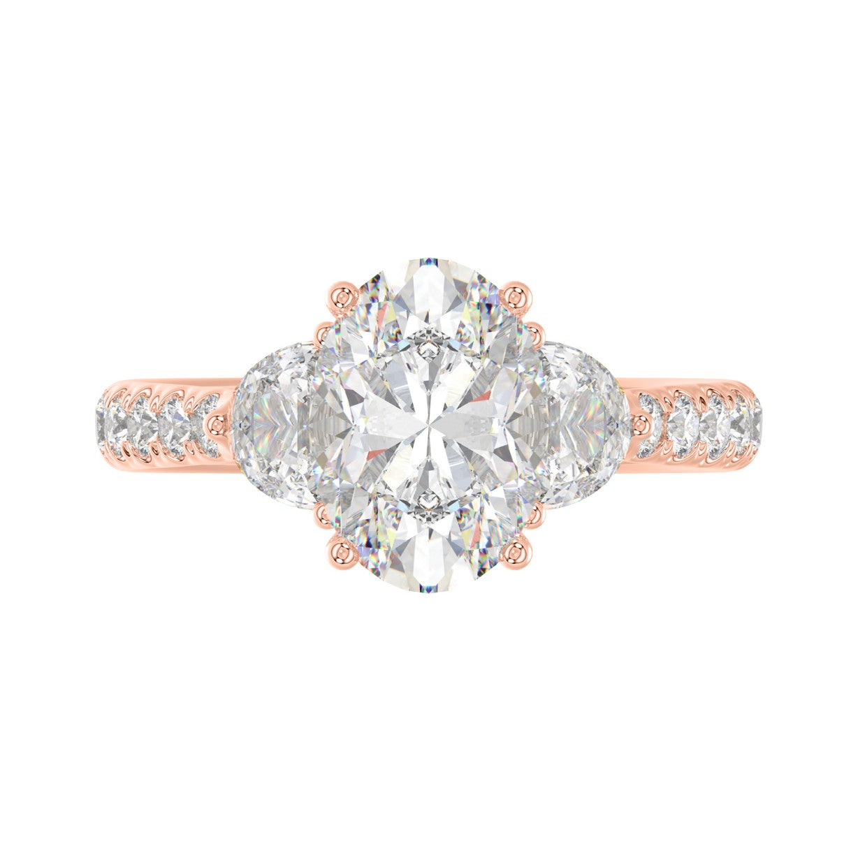 14K ROSE GOLD 3.00CT ROUND/OVAL/HALF MOON DIAMOND LADIES RING (CENTER STONE OVAL DIAMOND 2CT)