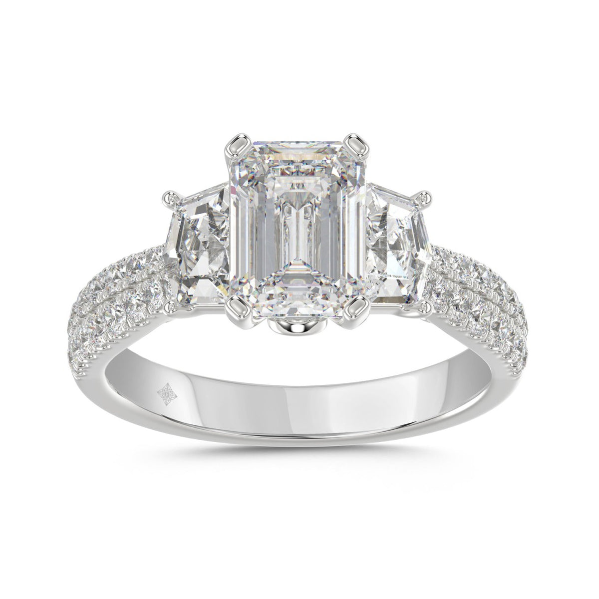 LADIES Engagement Ring 3CT ROUND/EMERALD/CADILLAC DIAMOND 14K WHITE GOLD (CENTER STONE EMERALD DIAMOND 2CT )