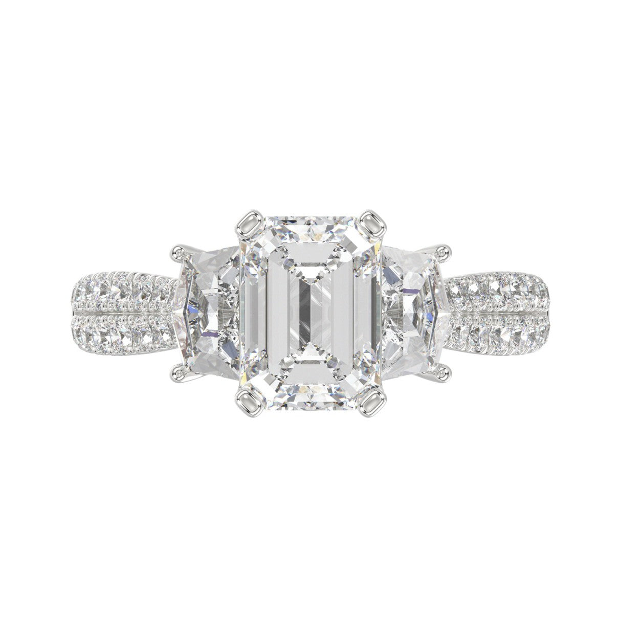 LADIES RING 3CT ROUND/EMERALD/CADILLAC DIAMOND 14K WHITE GOLD (CENTER STONE EMERALD DIAMOND 2CT )