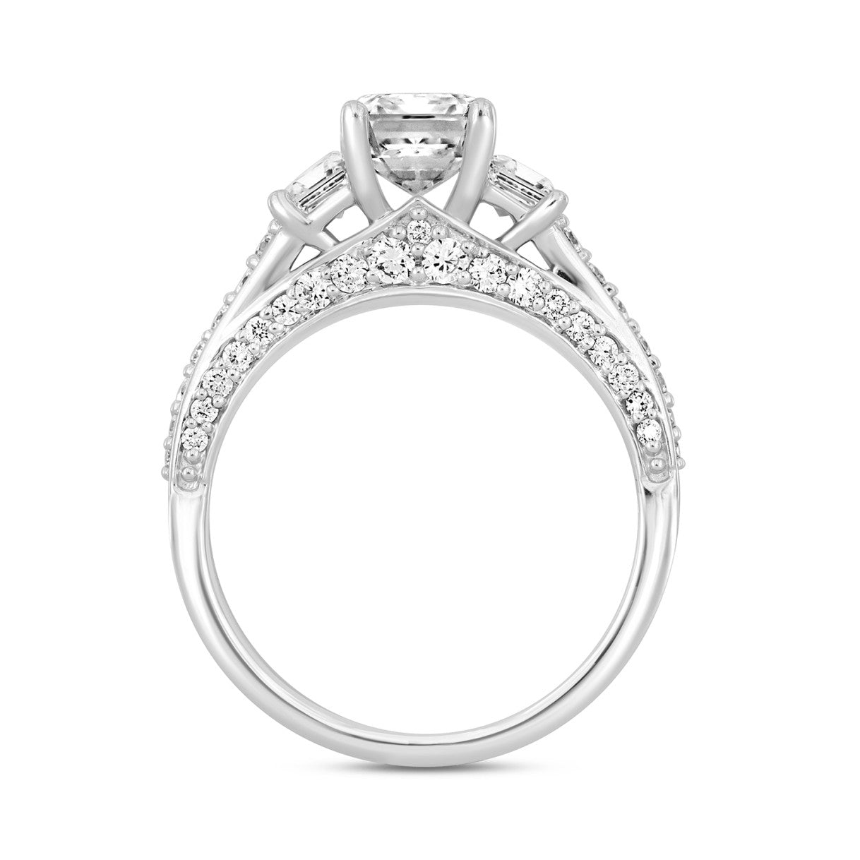 LADIES RING 3CT ROUND/EMERALD/TRAPEZOID DIAMOND 14K WHITE GOLD (CENTER STONE EMERALD DIAMOND 2CT )