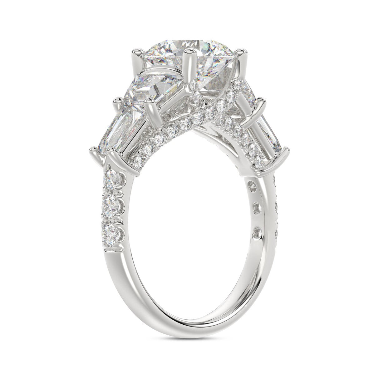 LADIES RING 3 3/4CT ROUND/TRAPEZOID/BAGUETTE DIAMOND 14K WHITE GOLD (CENTER STONE ROUND DIAMOND 2CT )