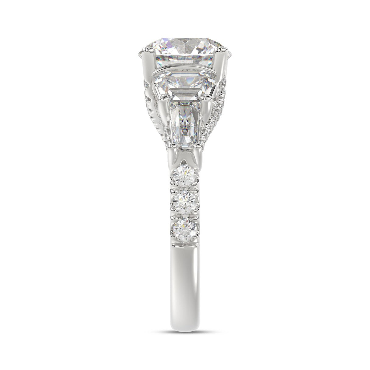 LADIES RING 3 3/4CT ROUND/TRAPEZOID/BAGUETTE DIAMOND 14K WHITE GOLD (CENTER STONE ROUND DIAMOND 2CT )