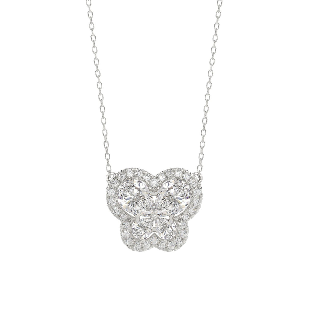 Elegant 14K White Gold Butterfly Necklace Featuring 1.00 Ct Lab Grown Round And Pear Diamonds. A Timeless Gift For Women And Everyday Luxury.