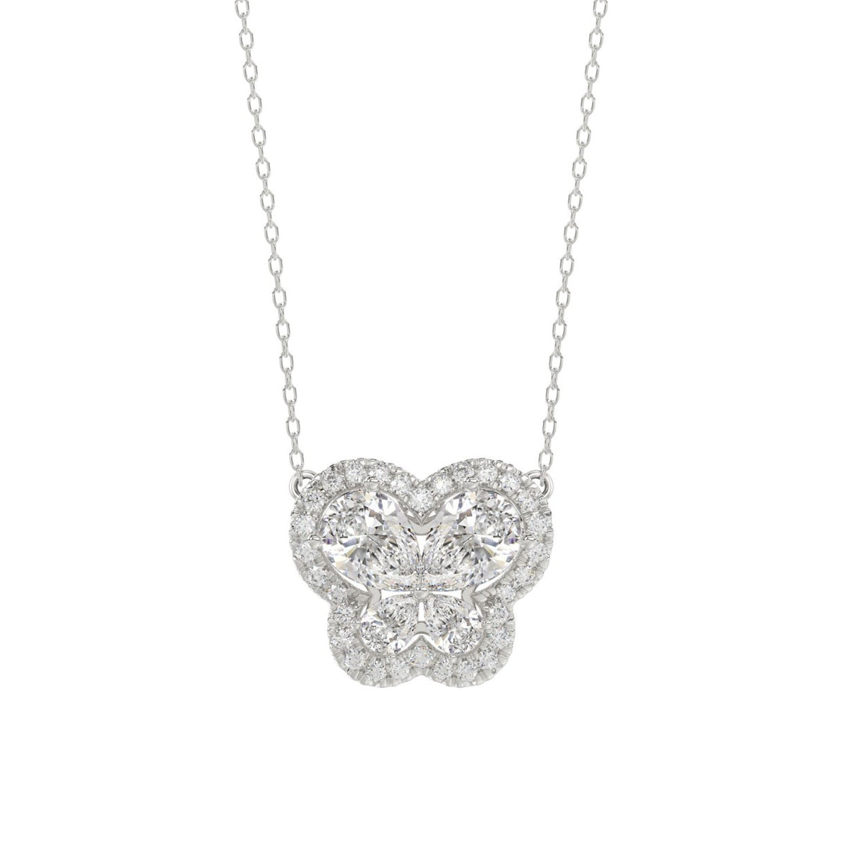 Elegant 14K White Gold Butterfly Necklace Featuring 1.00 Ct Lab Grown Round And Pear Diamonds. A Timeless Gift For Women And Everyday Luxury.