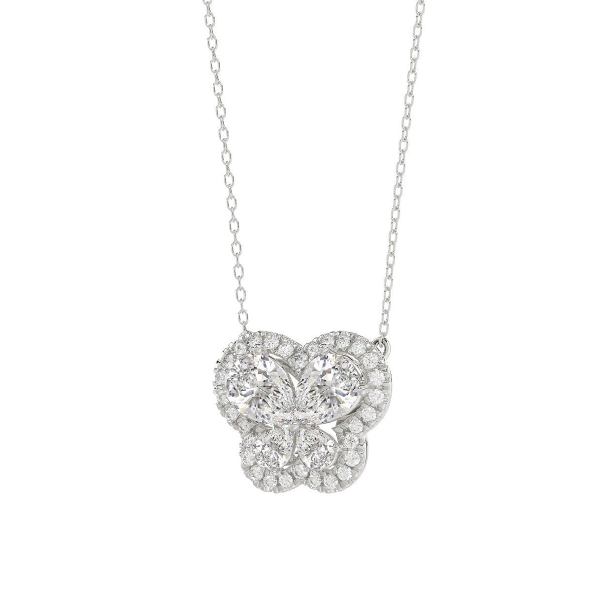 Elegant 14K White Gold Butterfly Necklace Featuring 1.00 Ct Lab Grown Round And Pear Diamonds. A Timeless Gift For Women And Everyday Luxury.
