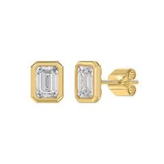 LADIES SOLITAIRE EARRINGS 3CT EMERALD DIAMOND 14K YELLOW GOLD 