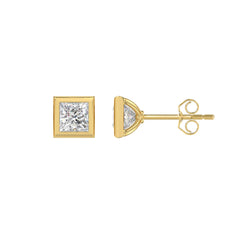 LADIES SOLITAIRE EARRINGS 1CT PRINCESS DIAMOND 14K YELLOW GOLD