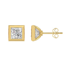 LADIES SOLITAIRE EARRINGS 3CT PRINCESS DIAMOND 14K YELLOW GOLD
