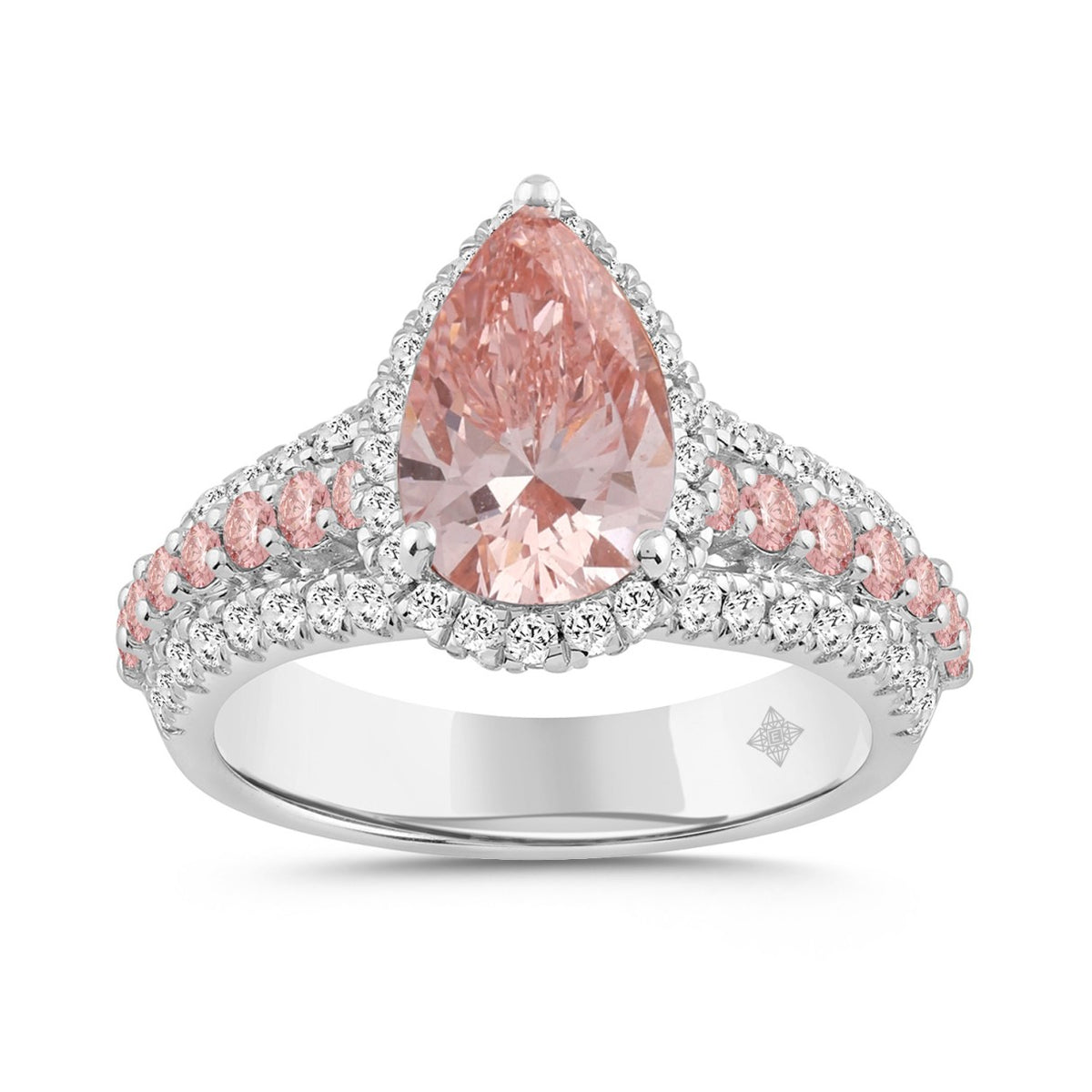 ETERNAL BLUSH COLLECTION LADIES RING 3 1/4CT ROUND/PEAR DIAMOND 14K WHITE GOLD (CENTER STONE PINK PEAR DIAMOND 2CT)