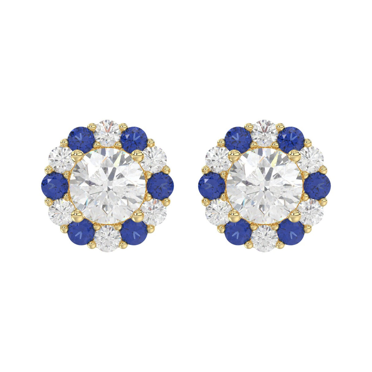 14K YELLOW GOLD 2 5/8CT ROUND/ ROUND BLUE SAPPHIRE DIAMOND LADIES EARRING (CENTER STONE ROUND DIAMOND 2CT)