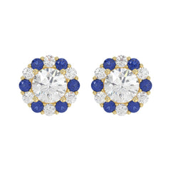 14K YELLOW GOLD 2 5/8CT ROUND/ ROUND BLUE SAPPHIRE DIAMOND LADIES EARRING (CENTER STONE ROUND DIAMOND 2CT)