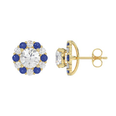 14K YELLOW GOLD 2 5/8CT ROUND/ ROUND BLUE SAPPHIRE DIAMOND LADIES EARRING (CENTER STONE ROUND DIAMOND 2CT)