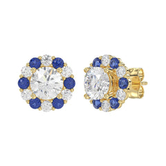 14K YELLOW GOLD 2 5/8CT ROUND/ ROUND BLUE SAPPHIRE DIAMOND LADIES EARRING (CENTER STONE ROUND DIAMOND 2CT)