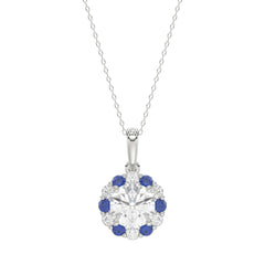 14K WHITE GOLD 1 1/4CT ROUND/ ROUND BLUE SAPPHIRE DIAMOND LADIES PENDANT (CENTER STONE ROUND DIAMOND 1CT)