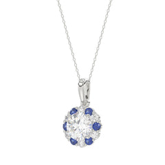 14K WHITE GOLD 1 1/4CT ROUND/ ROUND BLUE SAPPHIRE DIAMOND LADIES PENDANT (CENTER STONE ROUND DIAMOND 1CT)