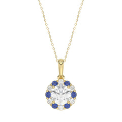 14K YELLOW GOLD 1 1/4CT ROUND/ ROUND BLUE SAPPHIRE DIAMOND LADIES PENDANT (CENTER STONE ROUND DIAMOND 1CT)