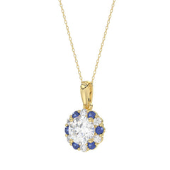 14K YELLOW GOLD 1 1/4CT ROUND/ ROUND BLUE SAPPHIRE DIAMOND LADIES PENDANT (CENTER STONE ROUND DIAMOND 1CT)
