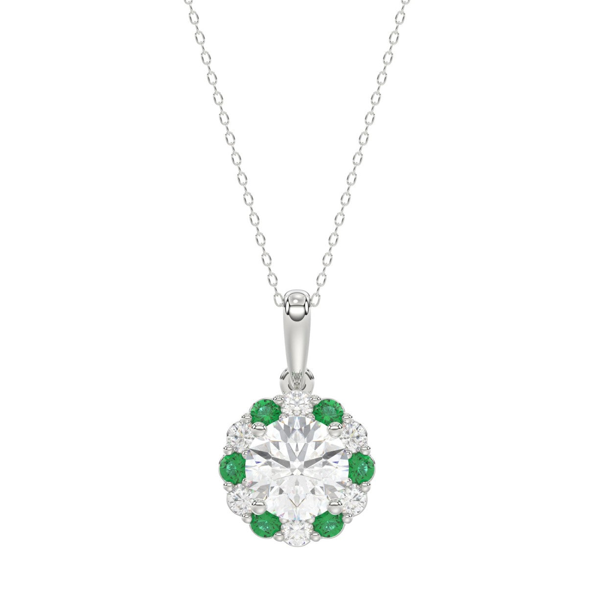 14K WHITE GOLD 1 1/4CT ROUND/ROUND GREEN SAPPHIRE LADIES PENDANT (CENTER STONE ROUND DIAMOND 1CT)