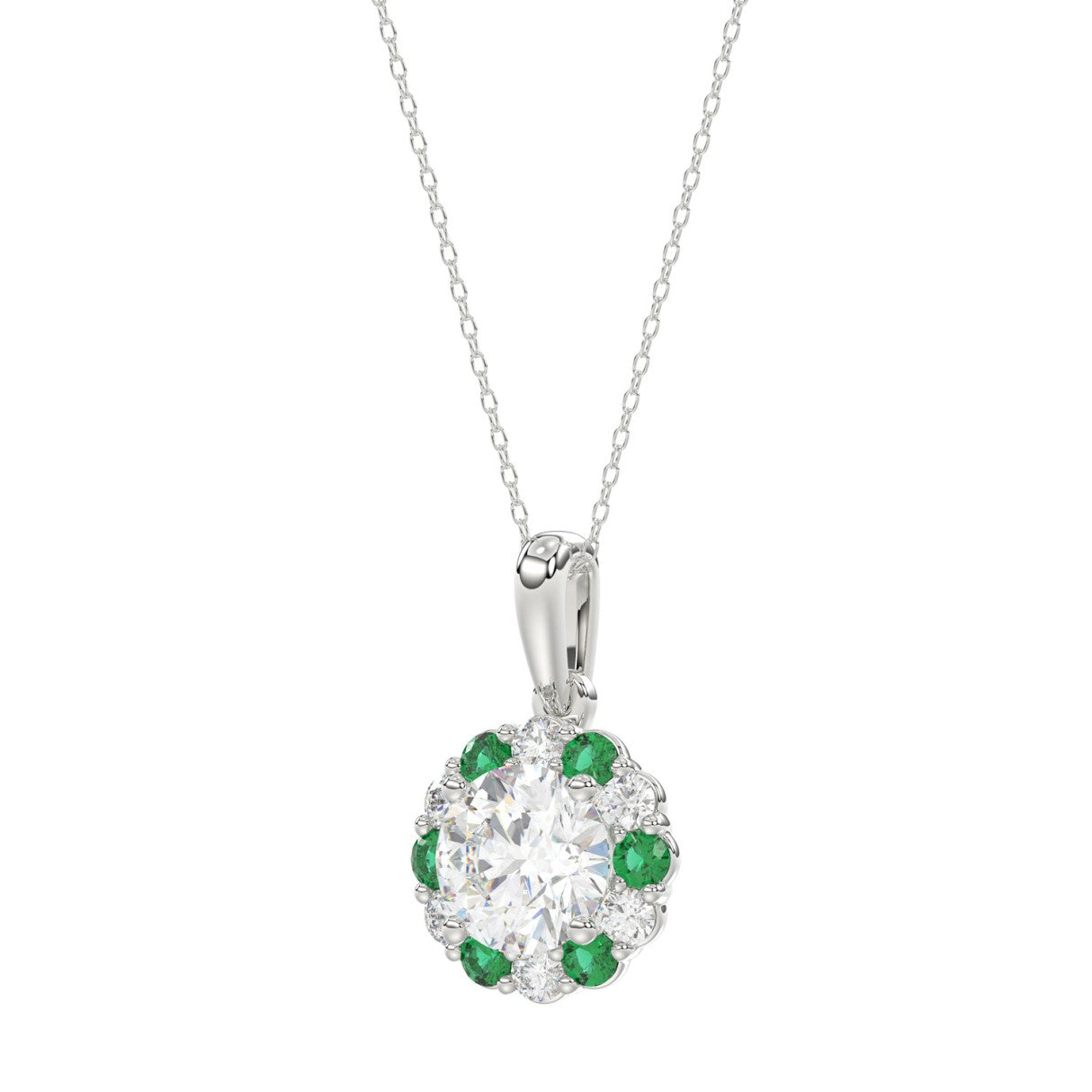 14K WHITE GOLD 1 1/4CT ROUND/ROUND GREEN SAPPHIRE LADIES PENDANT (CENTER STONE ROUND DIAMOND 1CT)