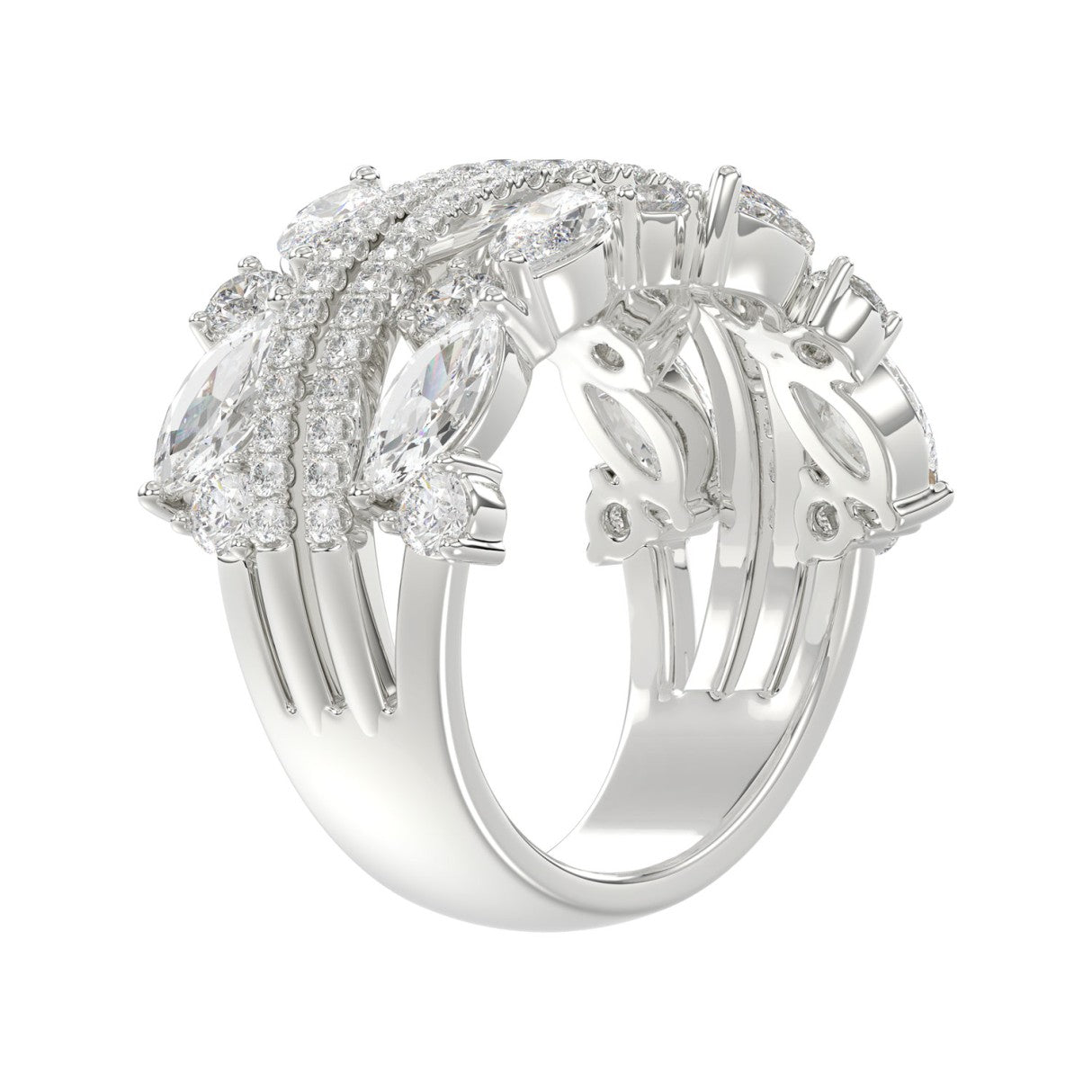 This is a diamond 14k cluster Ladies 2CT Ring featuring Marquise-shaped and round-cut diamonds in a leaf or floral motif set in white gold (Color F-G