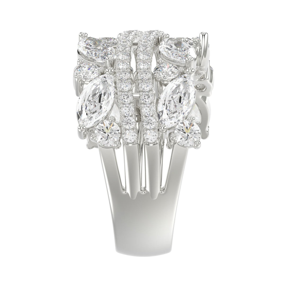 This is a diamond 14k cluster Ladies 2CT Ring featuring Marquise-shaped and round-cut diamonds in a leaf or floral motif set in white gold (Color F-G
