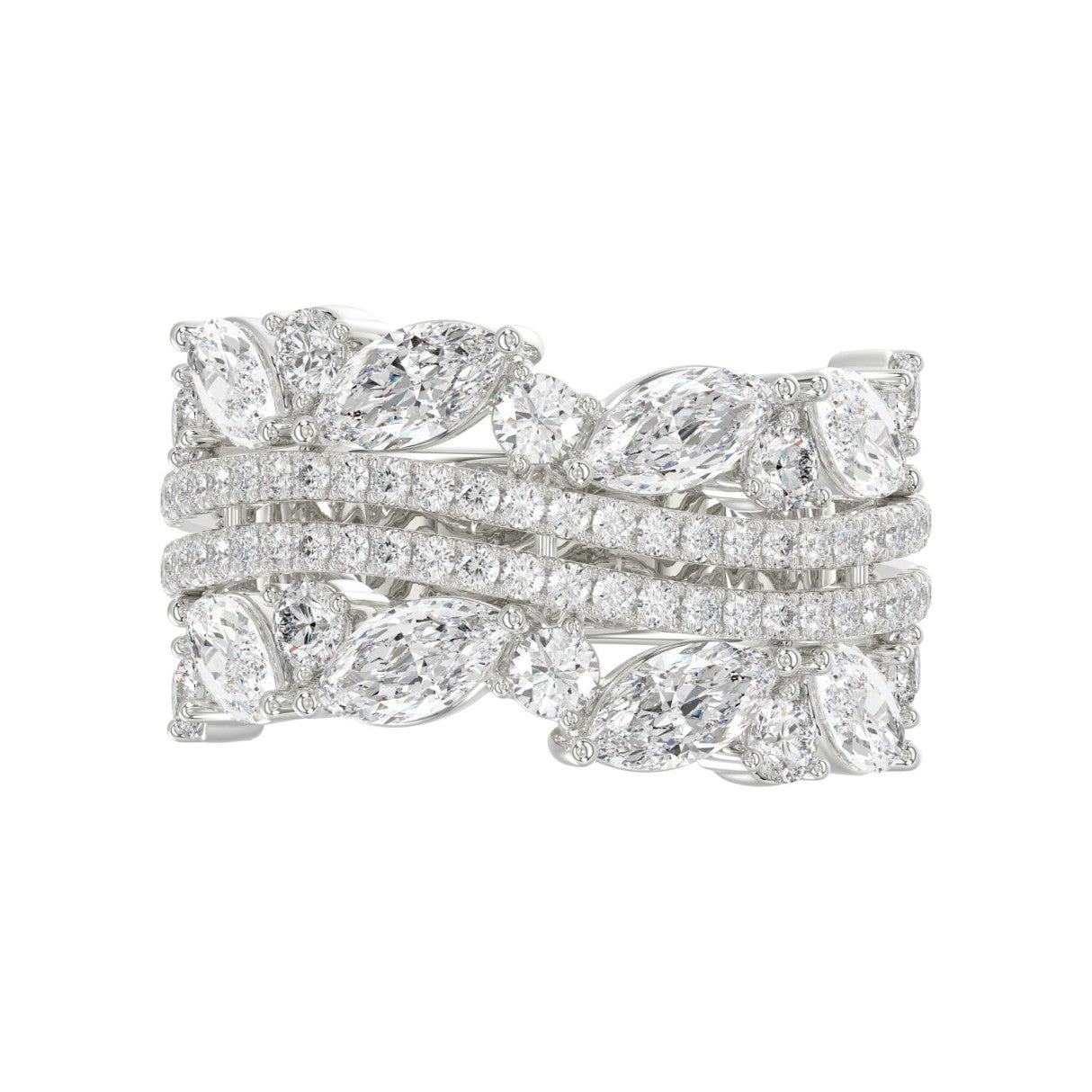 This is a diamond 14k cluster Ladies 2CT Ring featuring Marquise-shaped and round-cut diamonds in a leaf or floral motif set in white gold (Color F-G