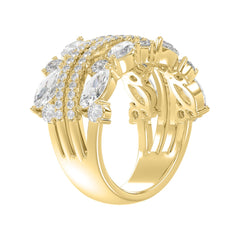 This is a diamond 14k cluster Ladies 2CT  Ring featuring Marquise-shaped and round-cut diamonds in a leaf or floral motif set in Yellow gold (Color F-