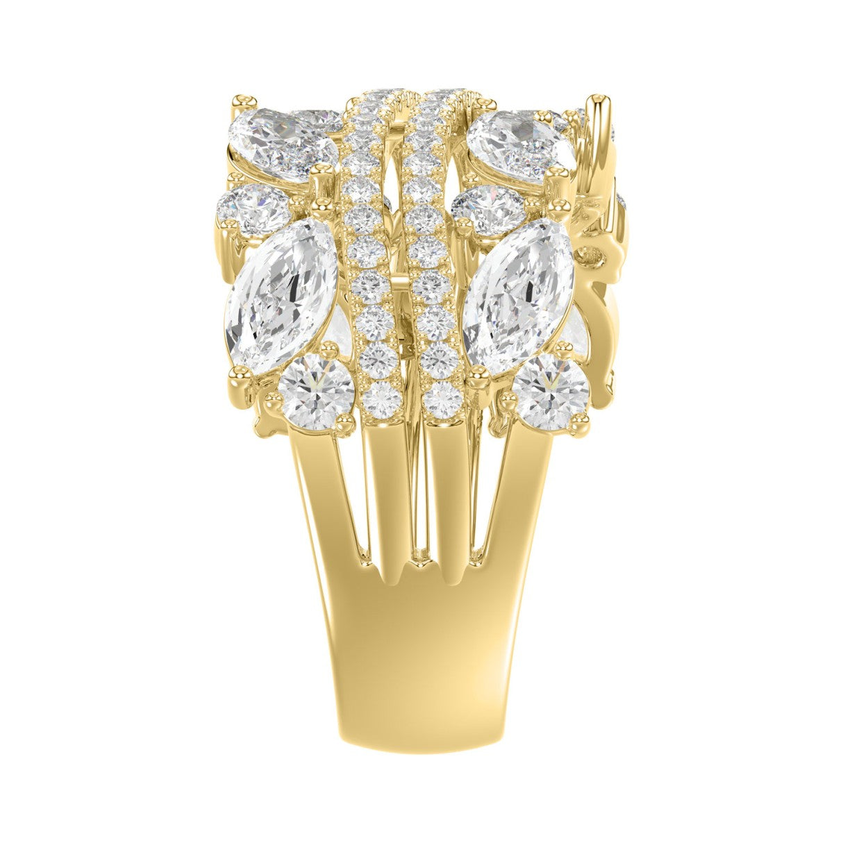 This is a diamond 14k cluster Ladies 2CT  Ring featuring Marquise-shaped and round-cut diamonds in a leaf or floral motif set in Yellow gold (Color F-