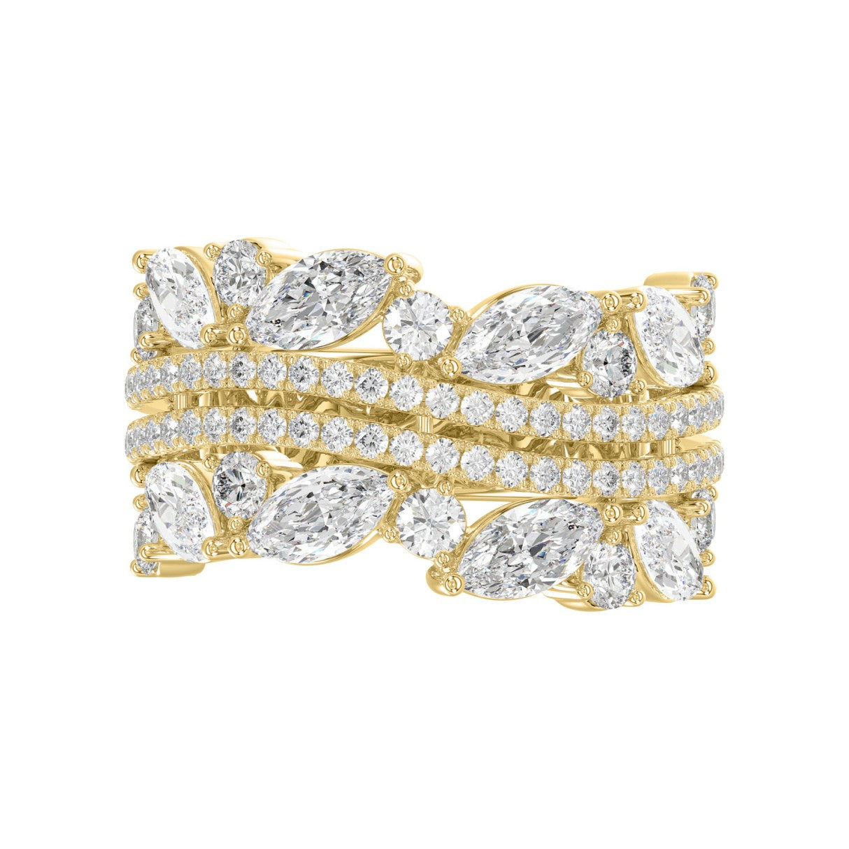 This is a diamond 14k cluster Ladies 2CT  Ring featuring Marquise-shaped and round-cut diamonds in a leaf or floral motif set in Yellow gold (Color F-