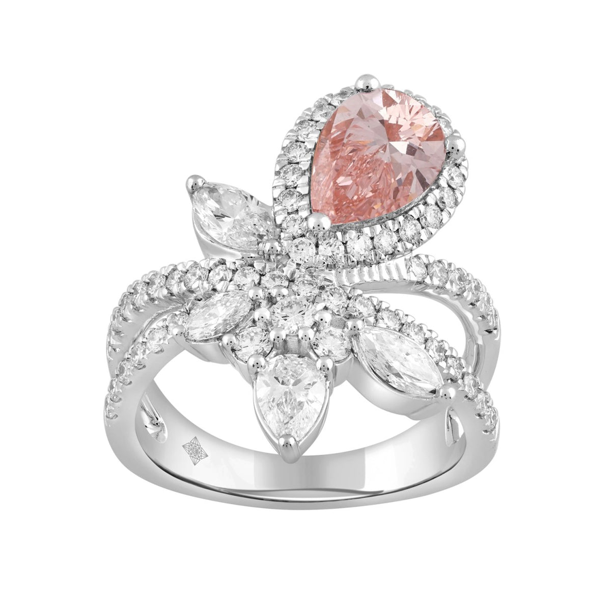 ETERNAL BLUSH COLLECTION 14K WHITE GOLD 3.00CT ROUND/PEAR/MARQUISE DIAMOND LADIES RING  (CENTER STONE PINK PEAR DIAMOND 1 1/2CT)