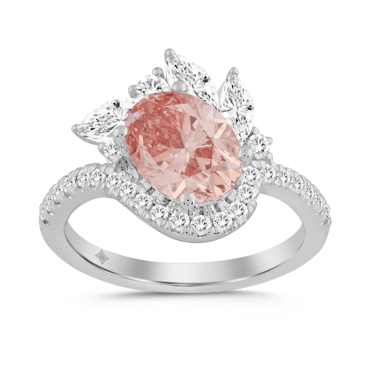ETERNAL BLUSH COLLECTION 14K WHITE GOLD 2 1/4CT ROUND/MARQUISE/OVAL DIAMOND LADIES RING (CENTER STONE PINK OVAL DIAMOND 1 1/2CT)