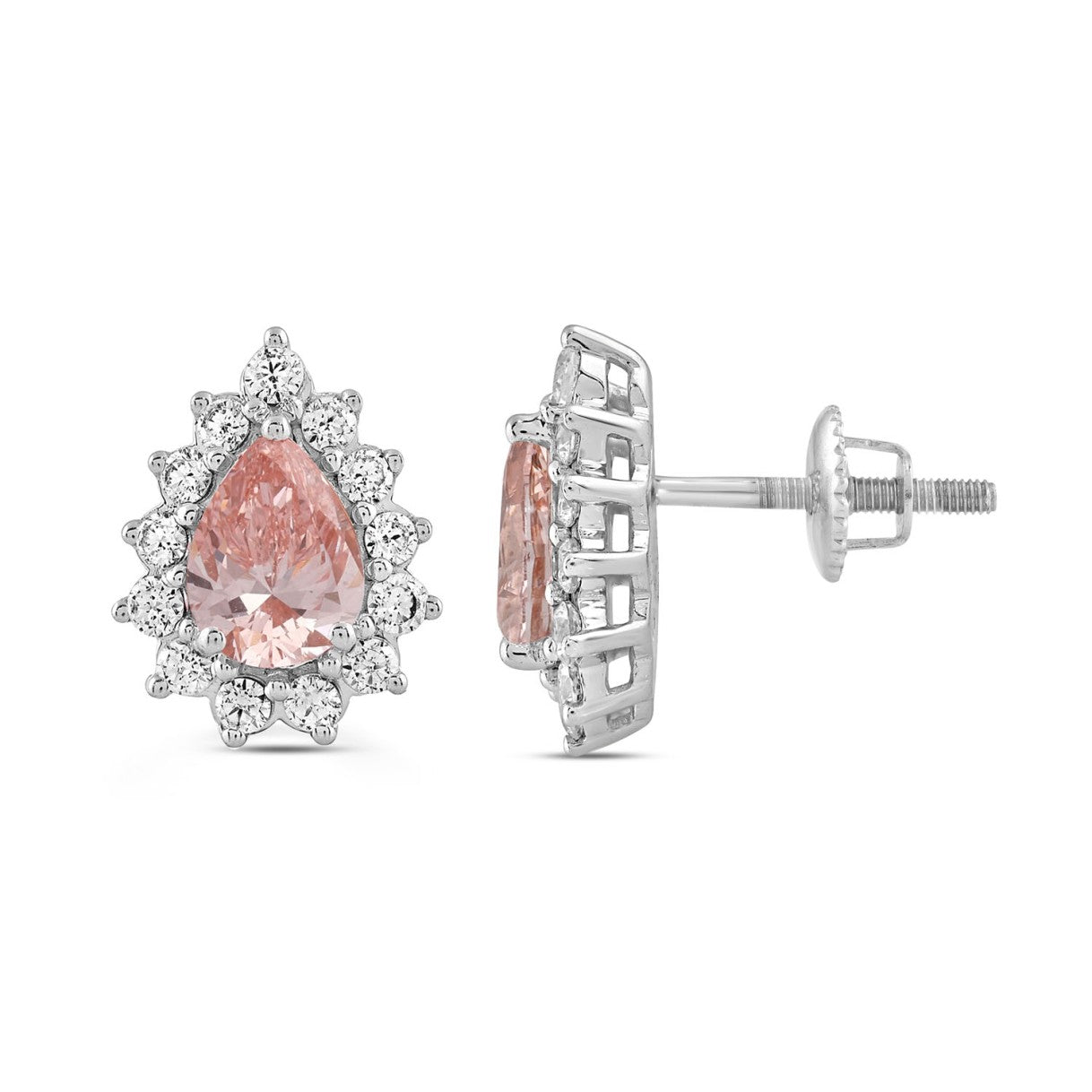 ETERNAL BLUSH COLLECTION LADIES EARRINGS  3CT ROUND/PEAR DIAMOND 14K WHITE GOLD  (CENTER STONE PINK PEAR DIAMOND 1CT)