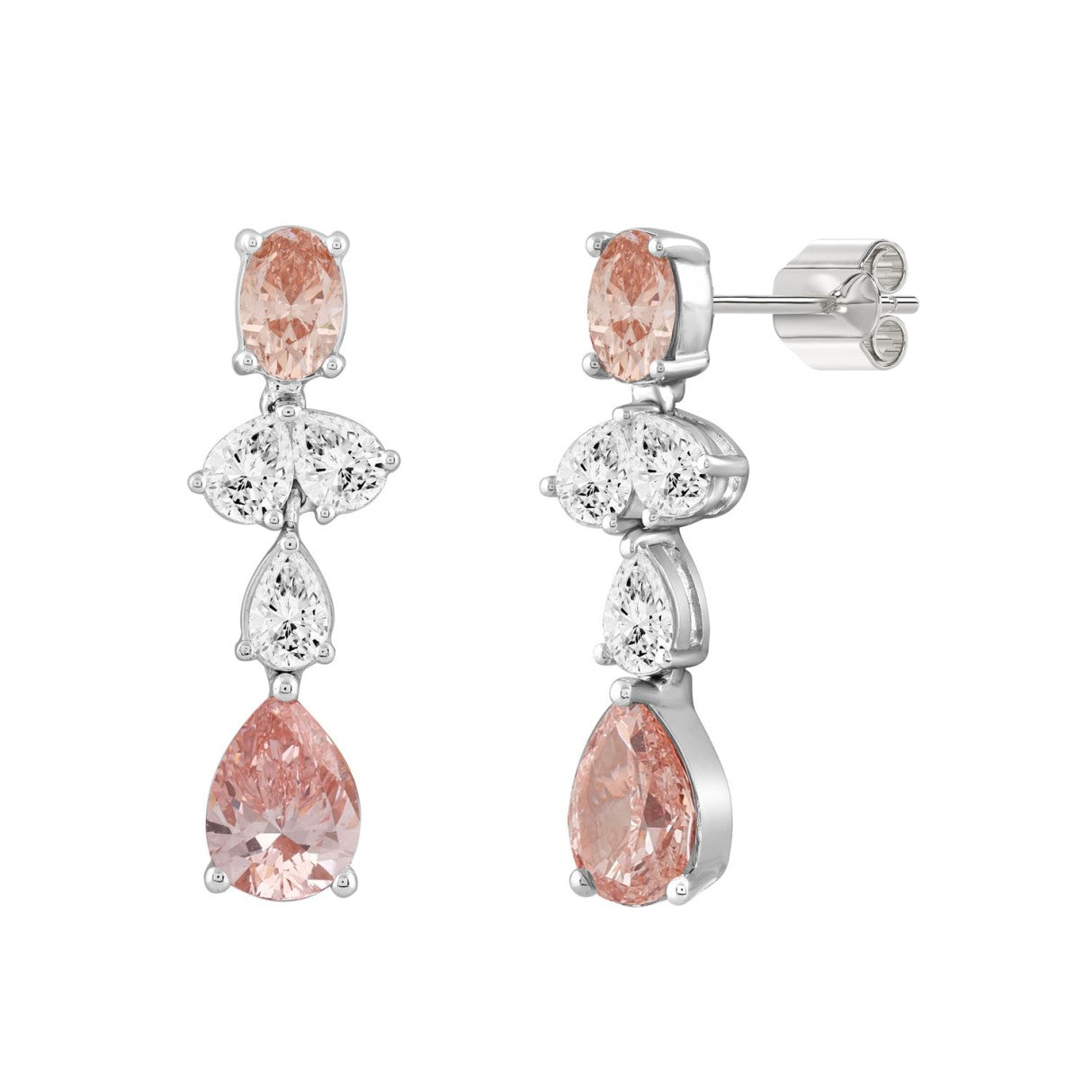 14K WHITE/ROSE GOLD 3 1/2CT OVAL/PEAR DIAMOND LADIES EARRINGS (PINK PEAR DIAMOND)
