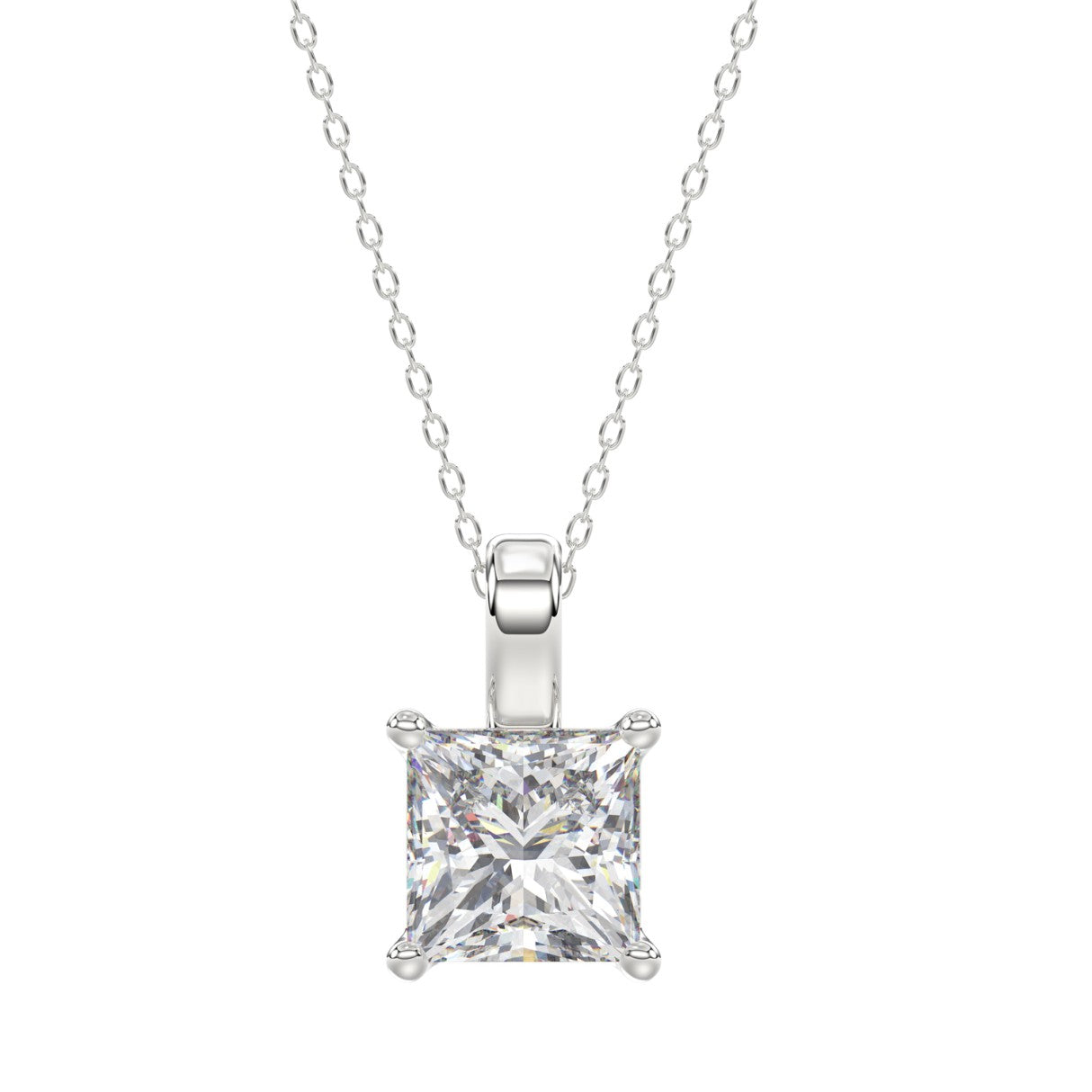 LADIES SOLITAIRE PENDANT WITH CHAIN 4CT PRINCESS DIAMOND 14K WHITE GOLD 