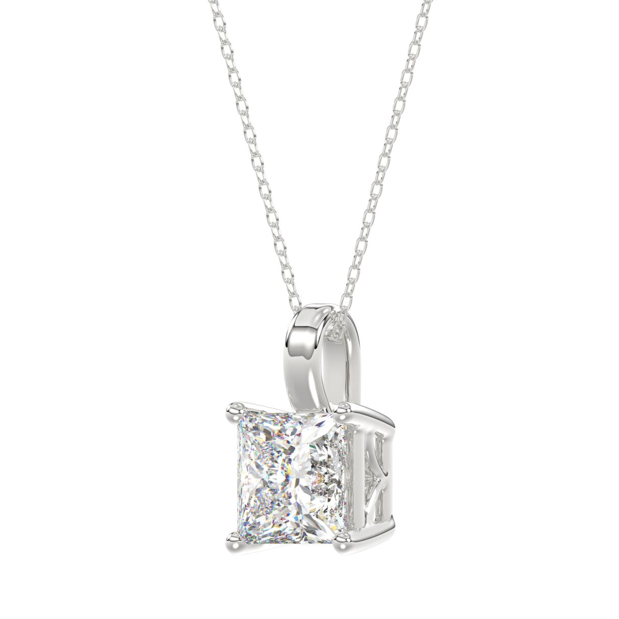 LADIES SOLITAIRE PENDANT WITH CHAIN 4CT PRINCESS DIAMOND 14K WHITE GOLD