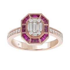 LADIES RING 3/4CT ROUND/BAGUETTE/PRINCESS TRAPEZOID RUBY DIAMOND 14K ROSE GOLD