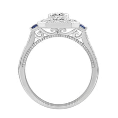 LADIES RING 1CT ROUND/PRINCESS BLUE SAPPHIRE DIAMOND 14K WHITE GOLD (CENTER STONE ROUND DIAMOND 1/6CT )